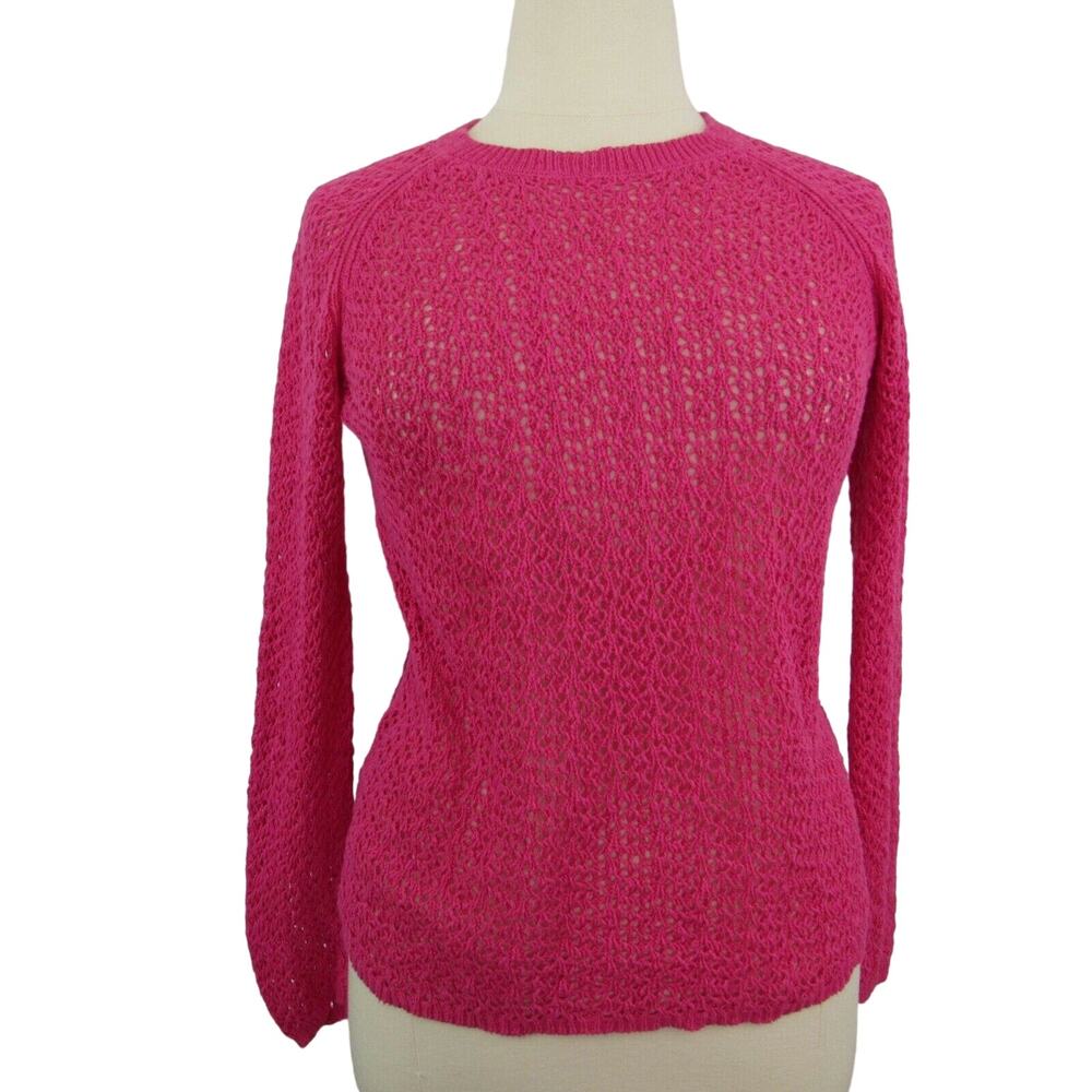 Caribbean Joe Open Crochet Knit Sweater Top Pink Long Sleeve Size XL Women’s